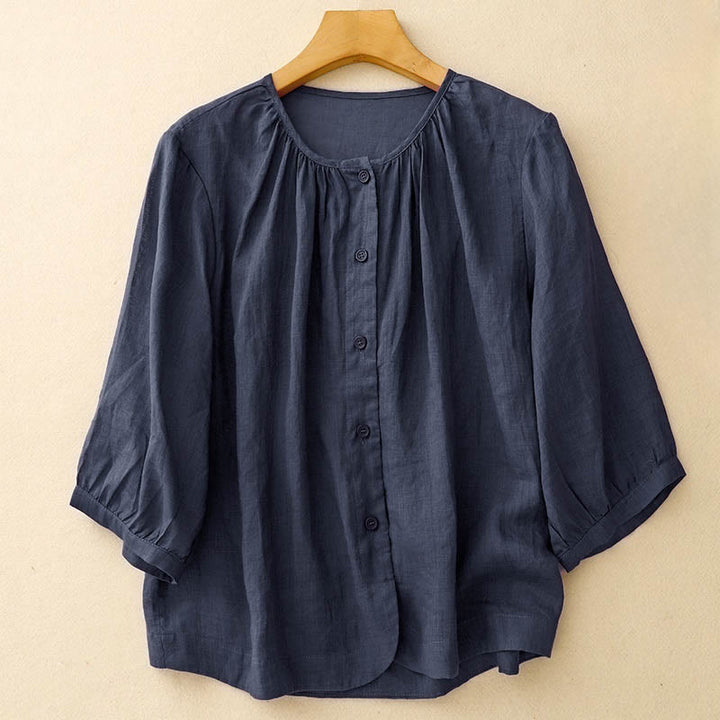 Koszula damska z okrągłym dekoltem i gładkimi guzikami w kształcie Buddha Stones z rękawami trzy czwarte - Marynarka wojenna - US12, UK/AU16, EU44 (2XL) - image 0