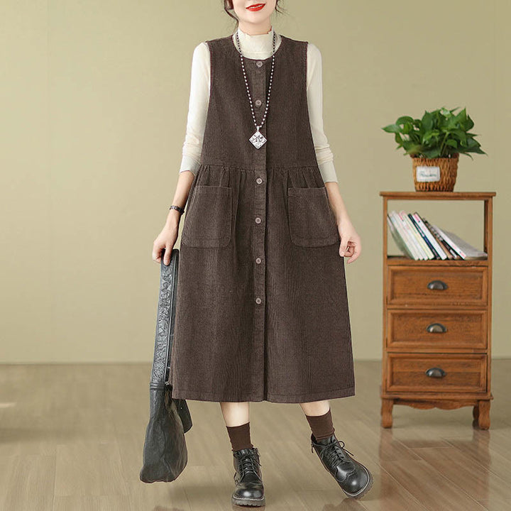 Jesienna sukienka midi z Buddha Stones w stylu retro, bez rękawów i kieszeniami - SaddleBrown - US12, UK/AU16, EU44 (3XL) - image 0