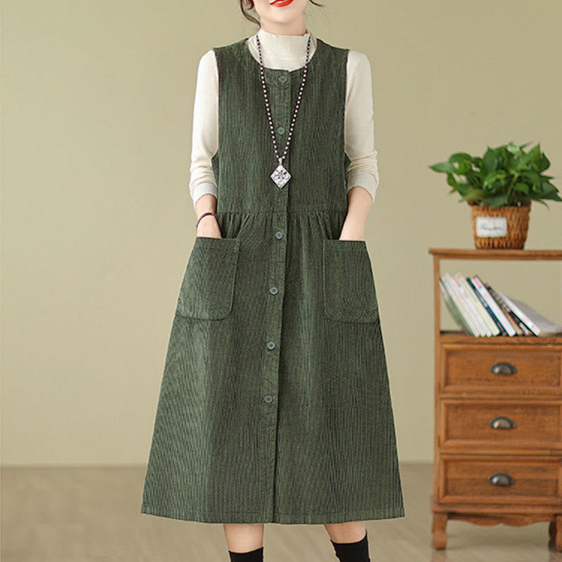 Jesienna sukienka midi z Buddha Stones w stylu retro, bez rękawów i kieszeniami - image 8