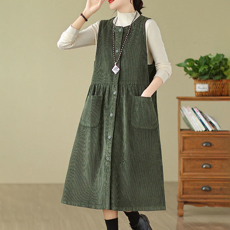 Jesienna sukienka midi z Buddha Stones w stylu retro, bez rękawów i kieszeniami - image 7