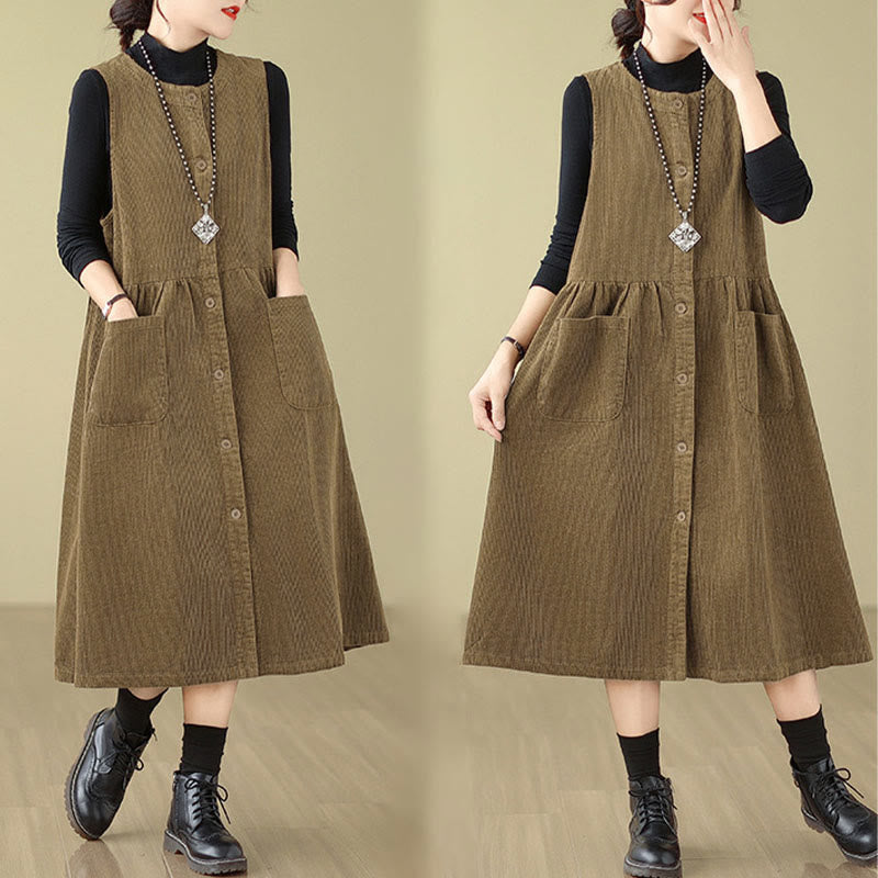 Jesienna sukienka midi z Buddha Stones w stylu retro, bez rękawów i kieszeniami - image 16