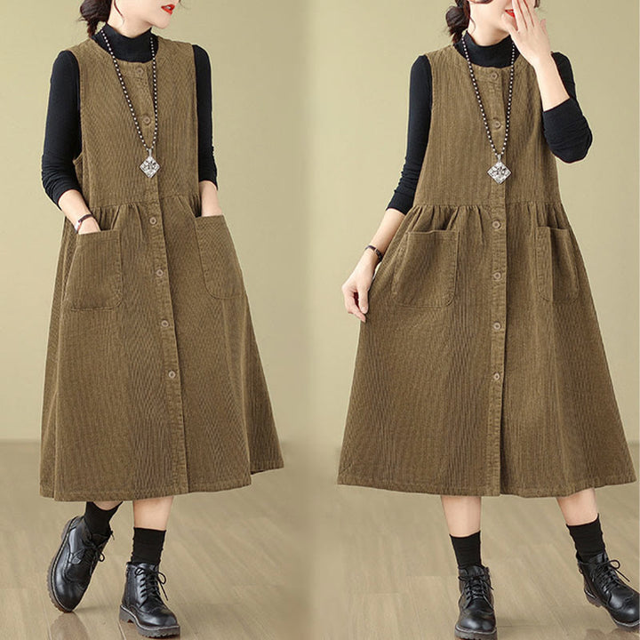Jesienna sukienka midi z Buddha Stones w stylu retro, bez rękawów i kieszeniami - image 16