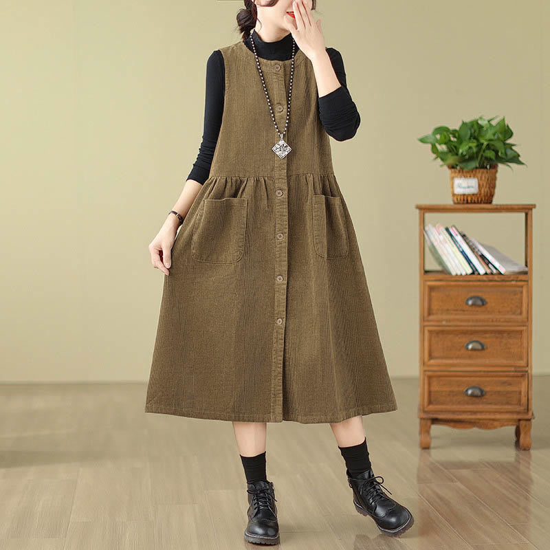 Jesienna sukienka midi z Buddha Stones w stylu retro, bez rękawów i kieszeniami - image 13