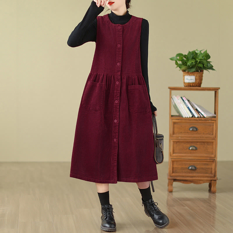 Jesienna sukienka midi z Buddha Stones w stylu retro, bez rękawów i kieszeniami - Karmazynowy - US12, UK/AU16, EU44 (3XL) - image 19