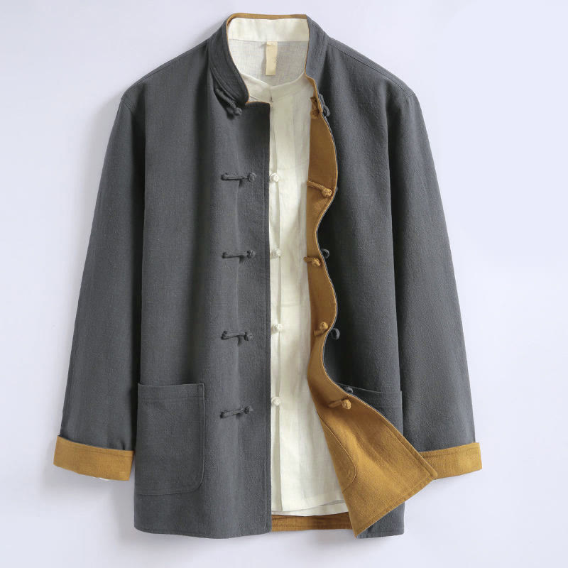 Kurtka męska z długim rękawem z bawełny z długimi rękawami i rewersem w stylu chińskim z Buddha Stones - Szary - US/UK/AU44，EU54 (5XL) - image 0