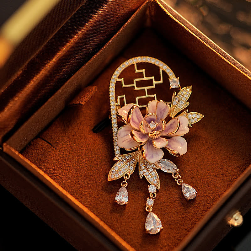 Buddha Stones Broszka z frędzlami w kształcie fioletowego kwiatu piwonii w stylu chińskim z miedzi - Fioletowy kwiat piwonii - image 0