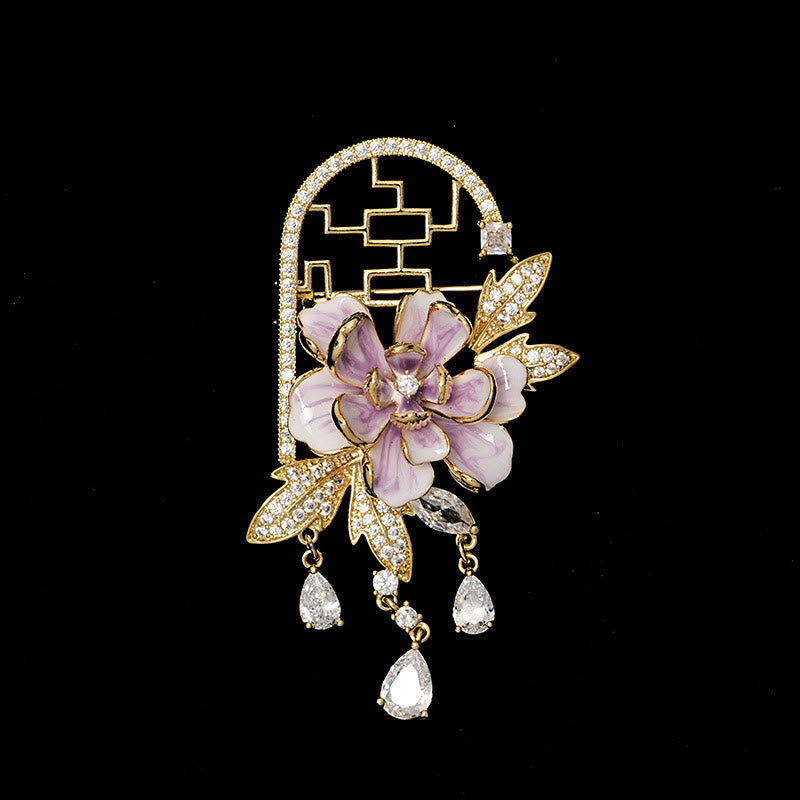 Buddha Stones Broszka z frędzlami w kształcie fioletowego kwiatu piwonii w stylu chińskim z miedzi - image 1