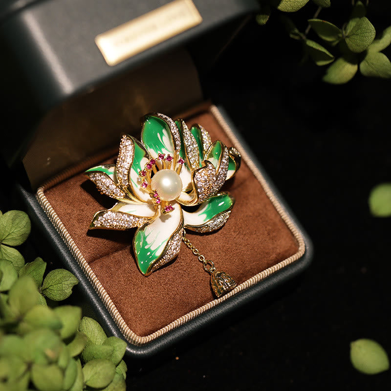 Buddha Stones Broszka miedziana z perłą kwiatu lotosu „Nowy początek” - Zielony - image 0