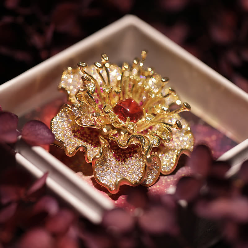 Buddha Stones Broszka miedziana "Kwiat piwonii: dobrobyt" - Czerwona piwonia - image 0