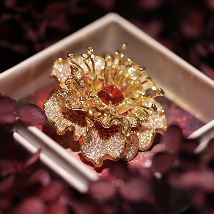 Buddha Stones Broszka miedziana "Kwiat piwonii: dobrobyt" - Czerwona piwonia - image 0