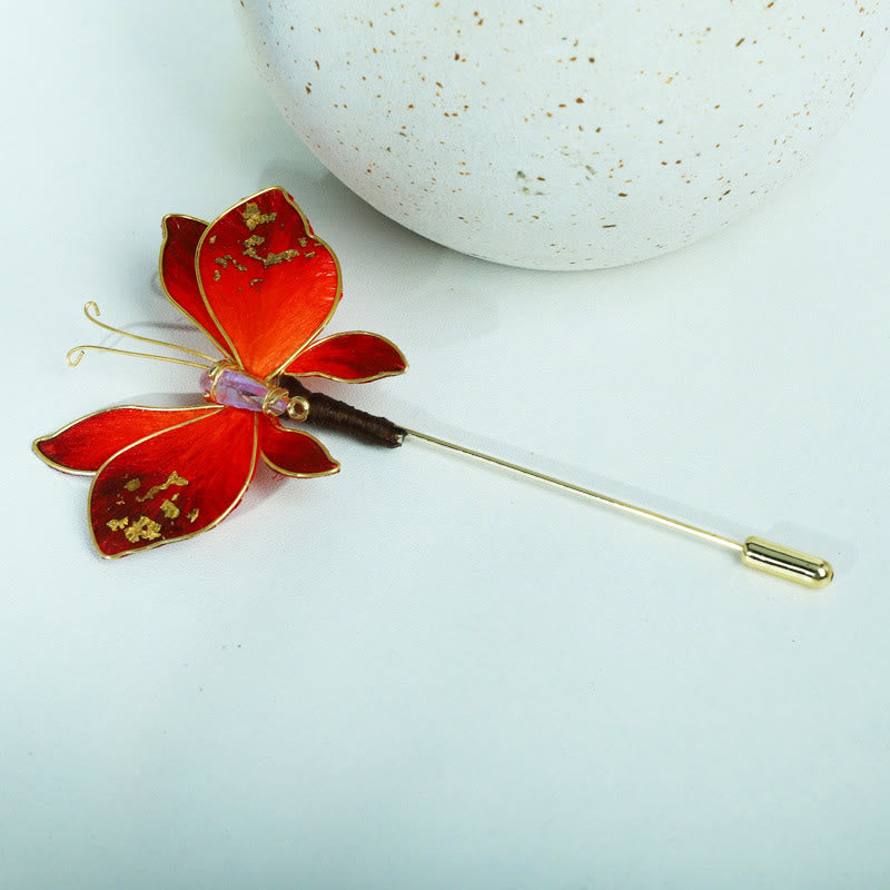 Buddha Stones Ręcznie wykonana broszka z jedwabiu w kształcie motyla w kolorze czerwonym - image 1