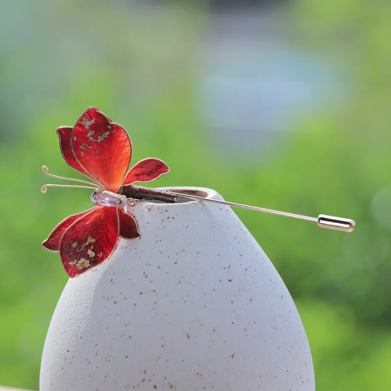 Buddha Stones Ręcznie wykonana broszka z jedwabiu w kształcie motyla w kolorze czerwonym - Czerwony motyl około 7-8 cm - image 0
