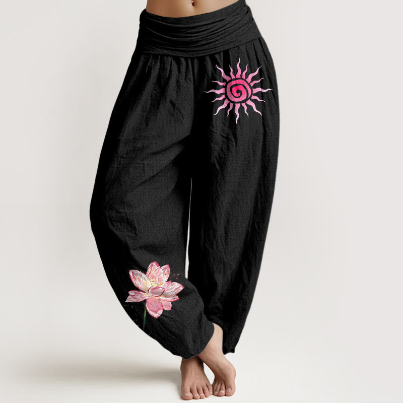 Buddha Stones Spodnie damskie haremowe z bawełny z motywem kwiatu lotosu i elastycznym pasem - Czarny - US16, UK/AU20, EU48 (3XL) - image 0