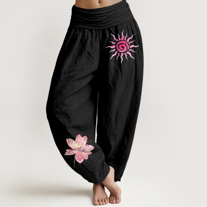 Buddha Stones Spodnie damskie haremowe z bawełny z motywem kwiatu lotosu i elastycznym pasem - Czarny - US16, UK/AU20, EU48 (3XL) - image 0