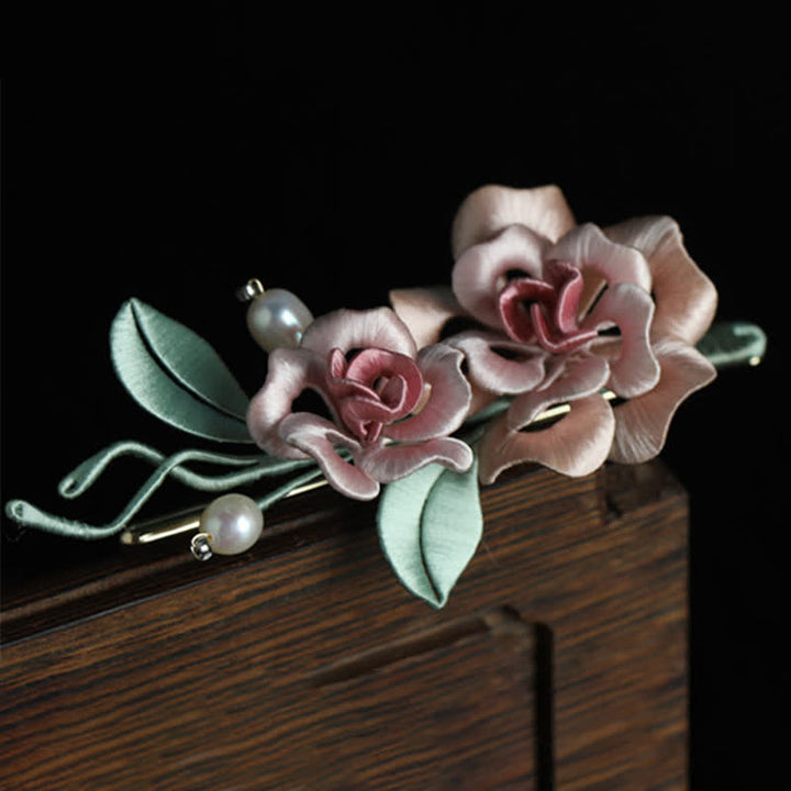 Buddha Stones Ręcznie wykonana broszka z jedwabiu z podwójnym kwiatem róży, błogosławieństwem i harmonią - image 3