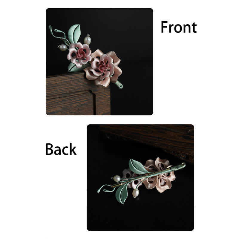 Buddha Stones Ręcznie wykonana broszka z jedwabiu z podwójnym kwiatem róży, błogosławieństwem i harmonią - image 10