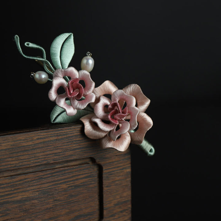 Buddha Stones Ręcznie wykonana broszka z jedwabiu z podwójnym kwiatem róży, błogosławieństwem i harmonią - image 4