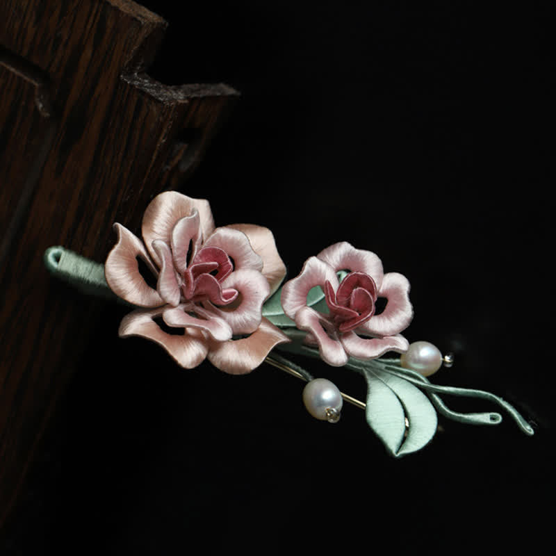 Buddha Stones Ręcznie wykonana broszka z jedwabiu z podwójnym kwiatem róży, błogosławieństwem i harmonią - image 7