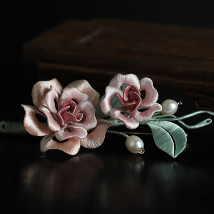 Buddha Stones Ręcznie wykonana broszka z jedwabiu z podwójnym kwiatem róży, błogosławieństwem i harmonią - image 6