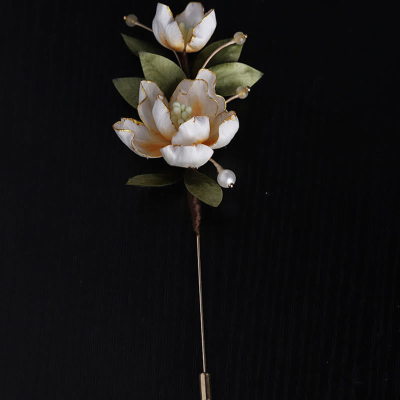 Buddha Stones Ręcznie wykonana broszka z jedwabiu w kształcie złotego kwiatu piwonii, symbolizująca szczęście - image 4