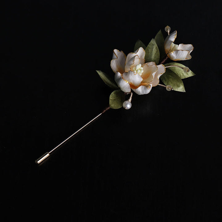 Buddha Stones Ręcznie wykonana broszka z jedwabiu w kształcie złotego kwiatu piwonii, symbolizująca szczęście - image 3