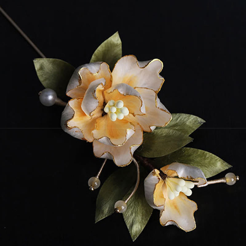 Buddha Stones Ręcznie wykonana broszka z jedwabiu w kształcie złotego kwiatu piwonii, symbolizująca szczęście - image 10