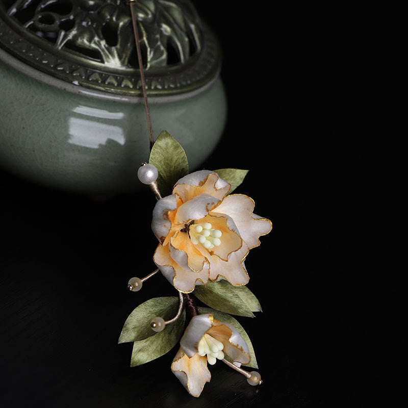 Buddha Stones Ręcznie wykonana broszka z jedwabiu w kształcie złotego kwiatu piwonii, symbolizująca szczęście - image 11