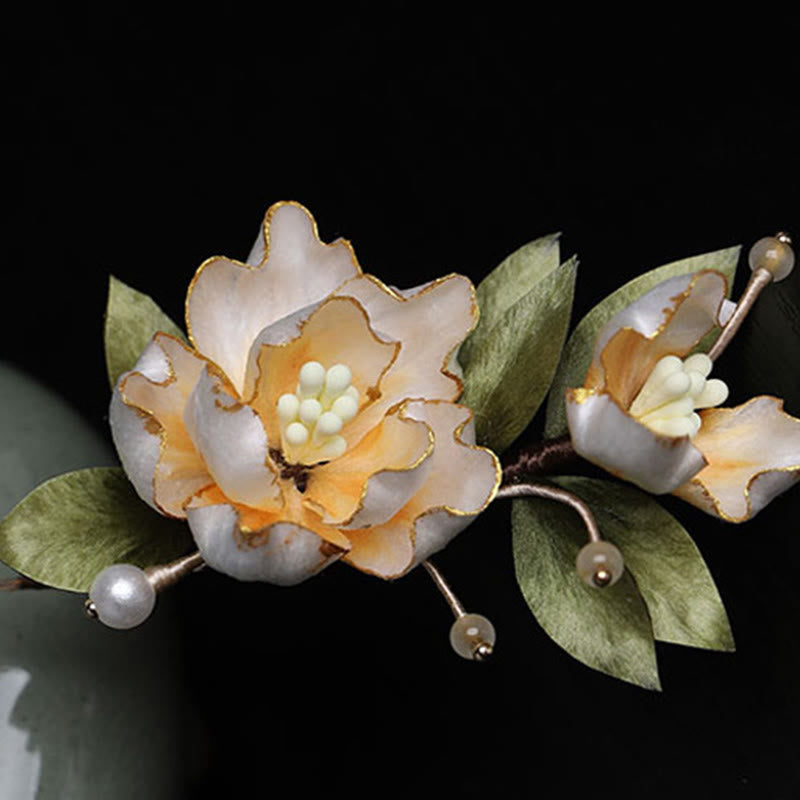 Buddha Stones Ręcznie wykonana broszka z jedwabiu w kształcie złotego kwiatu piwonii, symbolizująca szczęście - image 8