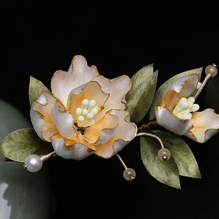 Buddha Stones Ręcznie wykonana broszka z jedwabiu w kształcie złotego kwiatu piwonii, symbolizująca szczęście - image 8