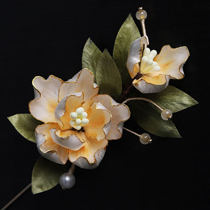 Buddha Stones Ręcznie wykonana broszka z jedwabiu w kształcie złotego kwiatu piwonii, symbolizująca szczęście - image 9