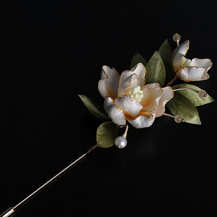 Buddha Stones Ręcznie wykonana broszka z jedwabiu w kształcie złotego kwiatu piwonii, symbolizująca szczęście - image 7