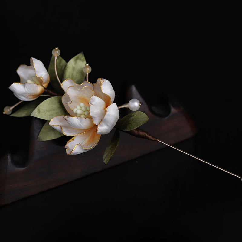 Buddha Stones Ręcznie wykonana broszka z jedwabiu w kształcie złotego kwiatu piwonii, symbolizująca szczęście - image 6