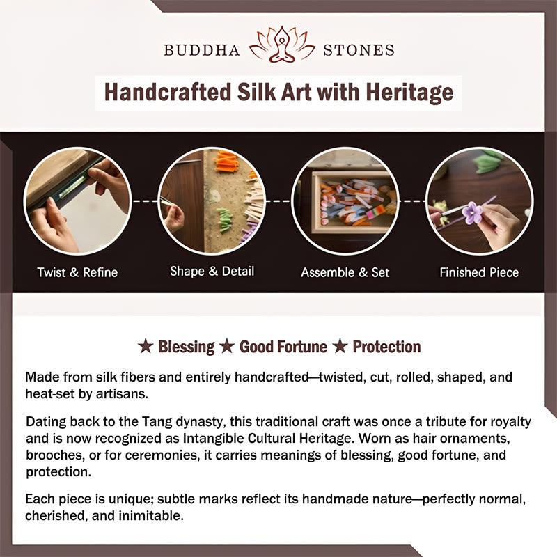 Buddha Stones Ręcznie wykonana broszka ochronna z jedwabiu w kolorze różowym z kwiatem irysa - image 11