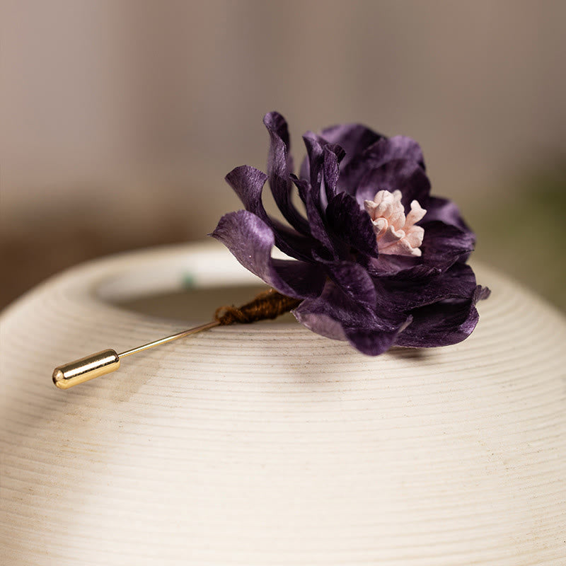 Buddha Stones Ręcznie wykonana broszka z jedwabiu z fioletowym kwiatem piwonii, symbolem szczęścia - image 1