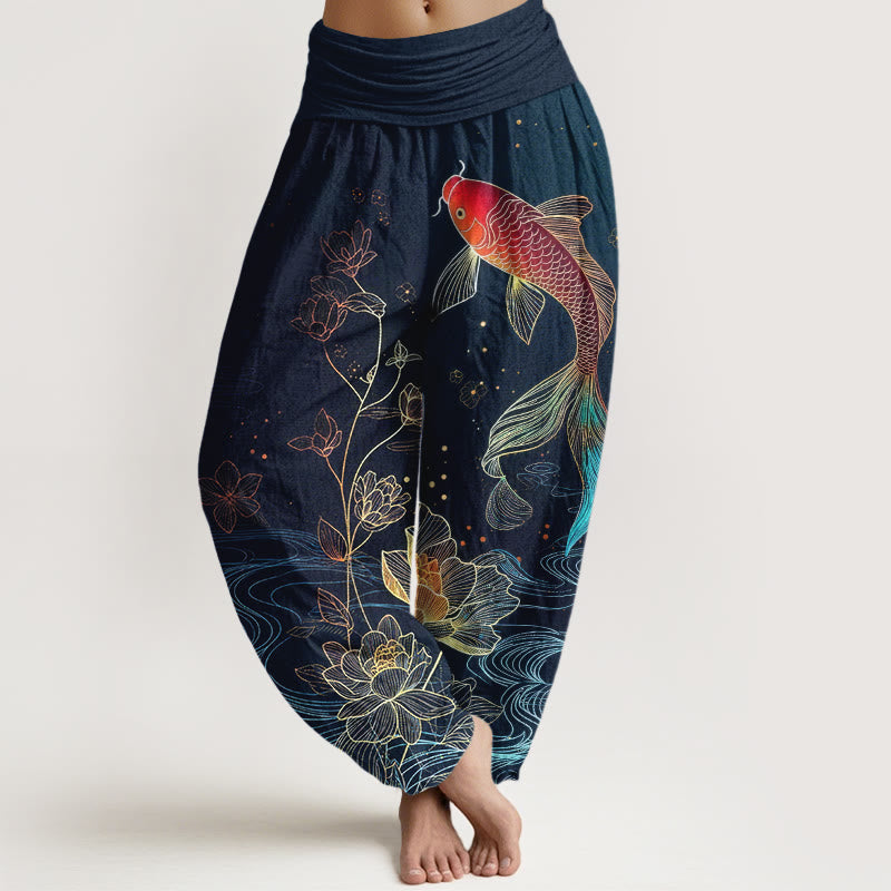 Buddha Stones Damskie spodnie haremowe z elastyczną talią i wzorem ryby koi w kwiaty - Marynarka wojenna - US16, UK/AU20, EU48 (3XL) - image 0