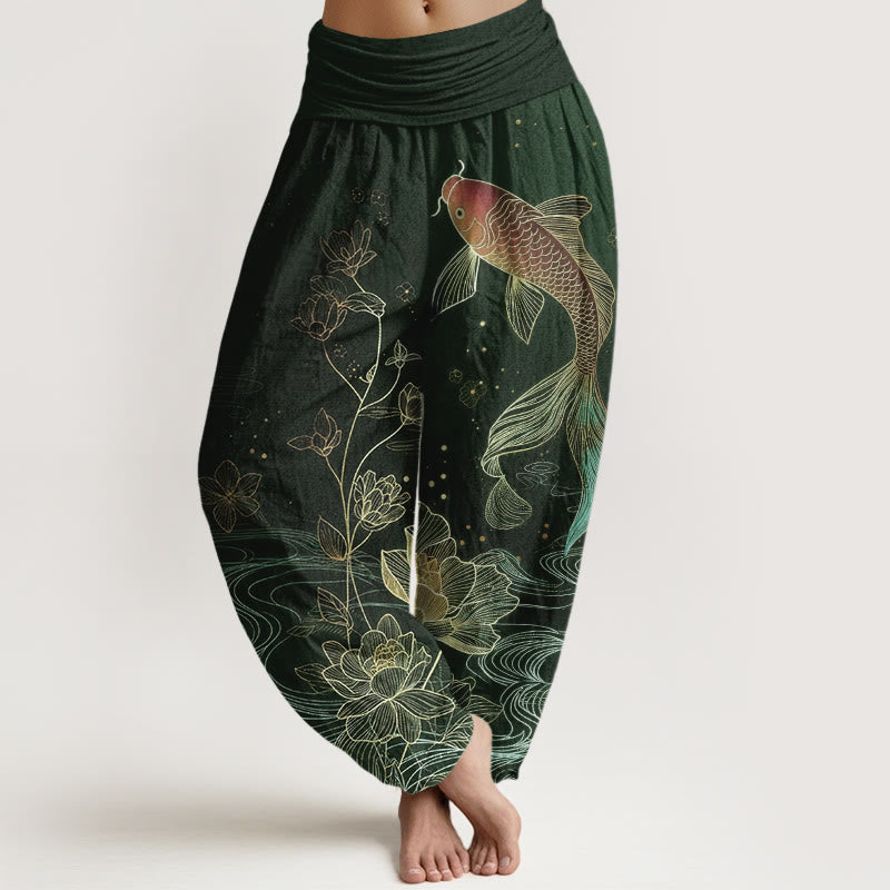 Buddha Stones Damskie spodnie haremowe z elastyczną talią i wzorem ryby koi w kwiaty - Ciemnozielony - US16, UK/AU20, EU48 (3XL) - image 8