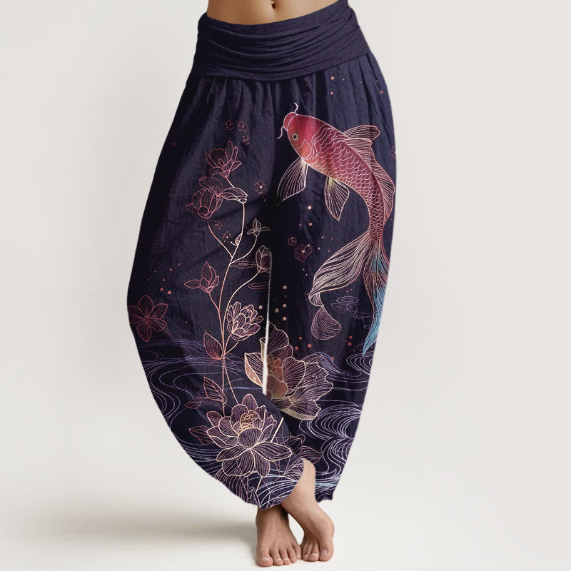 Buddha Stones Damskie spodnie haremowe z elastyczną talią i wzorem ryby koi w kwiaty - Indygo - US16, UK/AU20, EU48 (3XL) - image 5
