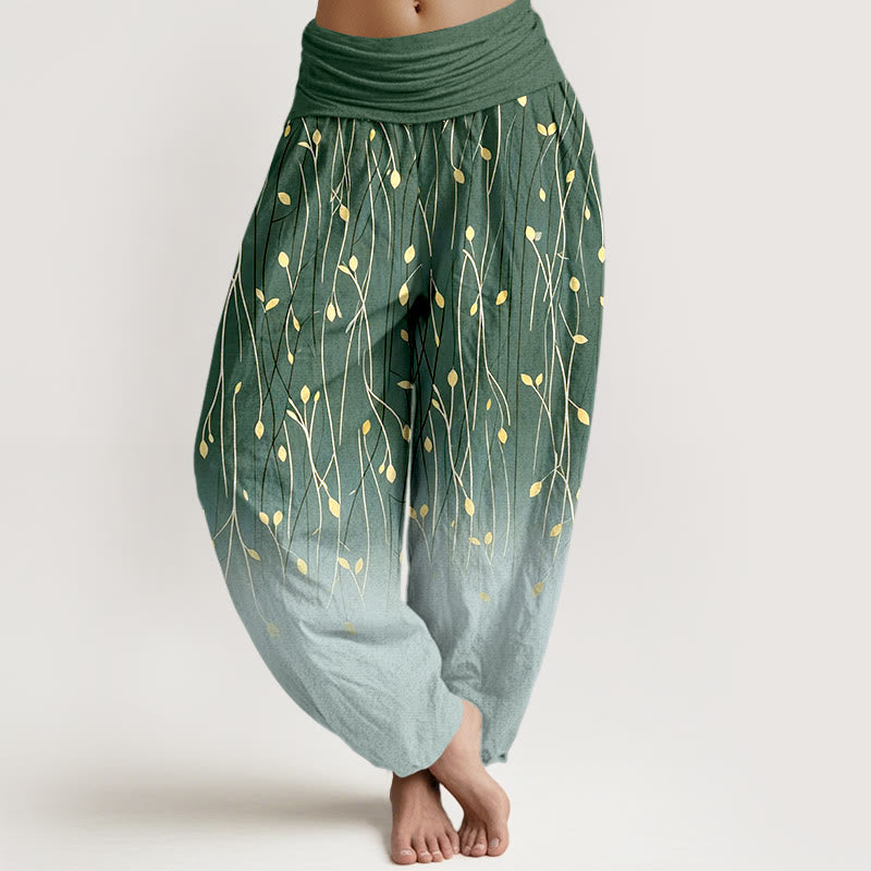 Buddha Stones Damskie spodnie haremowe z elastycznej talii z wzorem liści i gałęzi w odcieniu gradientu - DarkSeaGreen - US16, UK/AU20, EU48 (3XL) - image 5