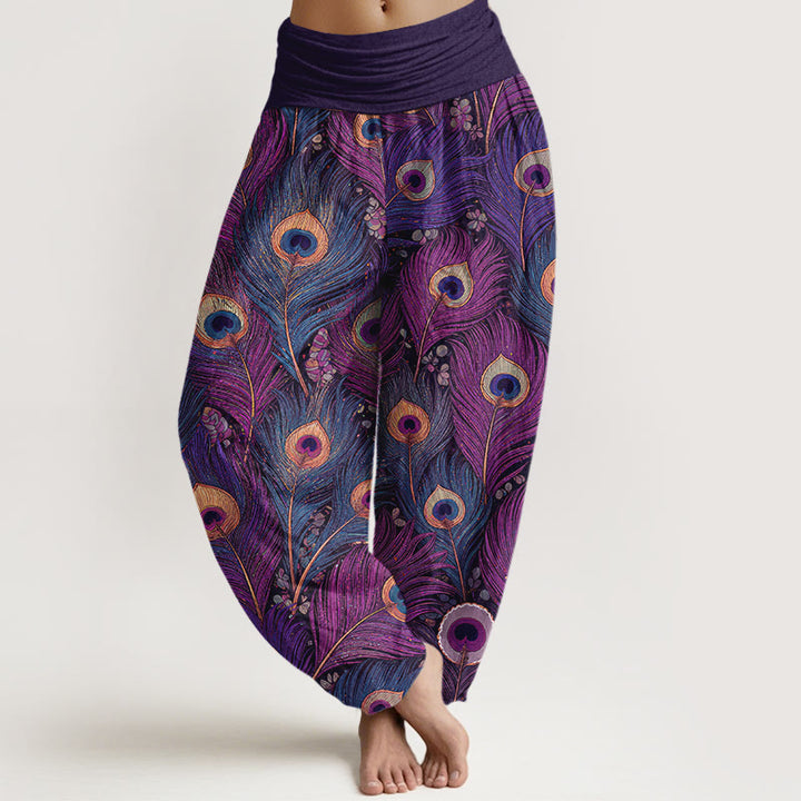 Buddha Stones Spodnie damskie typu harem z elastycznej bawełny z wzorem pawich piór - CiemnaOrchidea - US16, UK/AU20, EU48 (3XL) - image 0