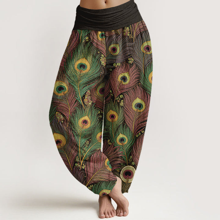 Buddha Stones Spodnie damskie typu harem z elastycznej bawełny z wzorem pawich piór - DarkOliveGreen - US16, UK/AU20, EU48 (3XL) - image 5
