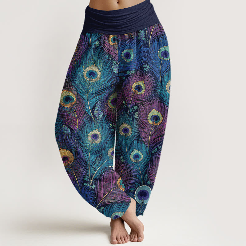 Buddha Stones Spodnie damskie typu harem z elastycznej bawełny z wzorem pawich piór - Stalowoniebieski - US16, UK/AU20, EU48 (3XL) - image 8