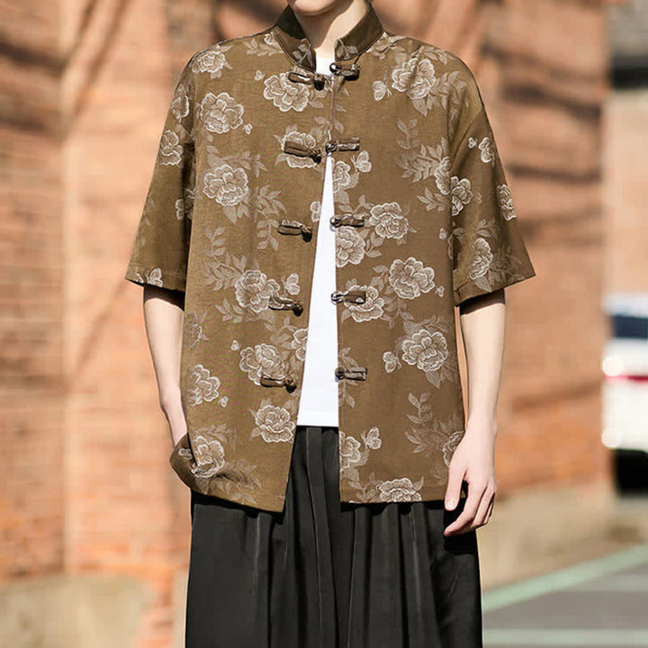 Buddha Stones Koszula męska z krótkim rękawem w stylu retro z żabą i kołnierzykiem stójkowym w kwiaty i żakardem - Peru - US/UK/AU46， EU56 (5XL) - image 0