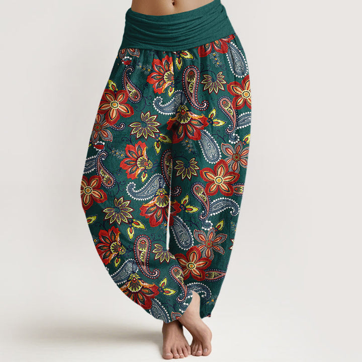 Buddha Stones Damskie spodnie haremowe z elastycznej talii i kwiatowym wzorem w stylu paisley z czystej bawełny - Cyraneczka - US16, UK/AU20, EU48 (3XL) - image 0