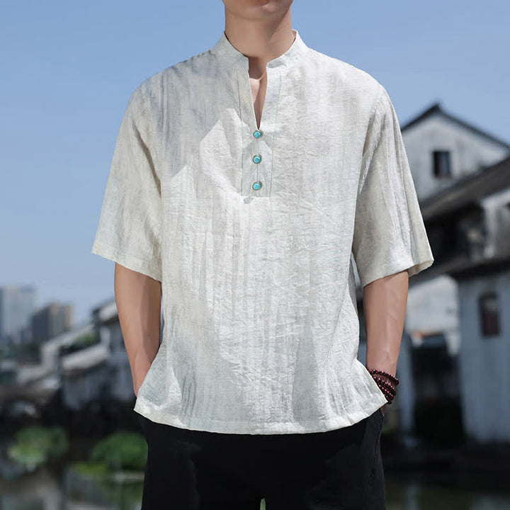 Buddha Stones Koszulka męska z krótkim rękawem Summer Dai Ethnic z kołnierzykiem karbowanym i guzikami - FloralWhite - US/UK/AU46， EU56 (5XL) - image 4
