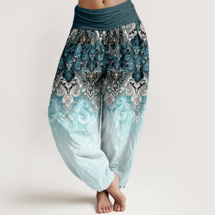 Buddha Stones Damskie spodnie haremowe z czystej bawełny z elastycznym pasem i wzorem paisley floral gradient - Cyraneczka - US16, UK/AU20, EU48 (3XL) - image 0