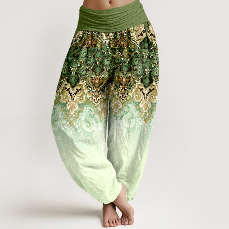 Buddha Stones Damskie spodnie haremowe z czystej bawełny z elastycznym pasem i wzorem paisley floral gradient - Oliwkowy - US16, UK/AU20, EU48 (3XL) - image 8