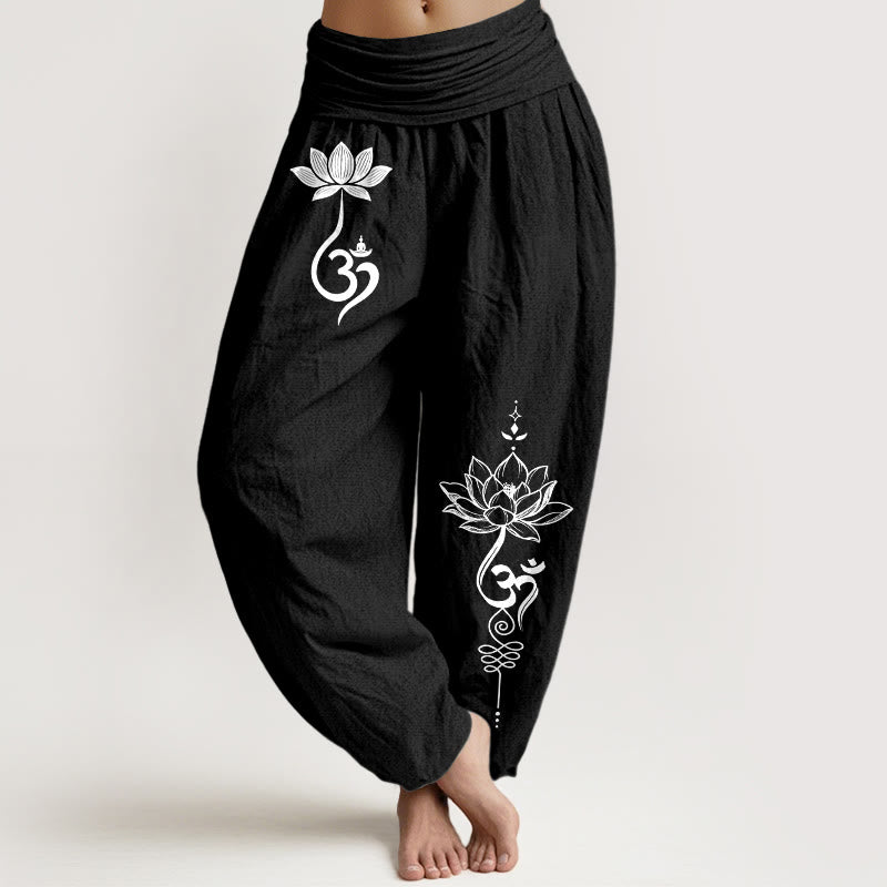 Buddha Stones Bawełniane spodnie haremki damskie z elastycznym pasem i wzorem kwiatu lotosu - Czarny - US16, UK/AU20, EU48 (3XL) - image 5