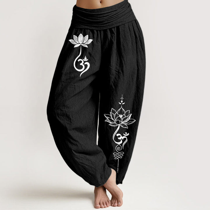 Buddha Stones Bawełniane spodnie haremki damskie z elastycznym pasem i wzorem kwiatu lotosu - Czarny - US16, UK/AU20, EU48 (3XL) - image 5