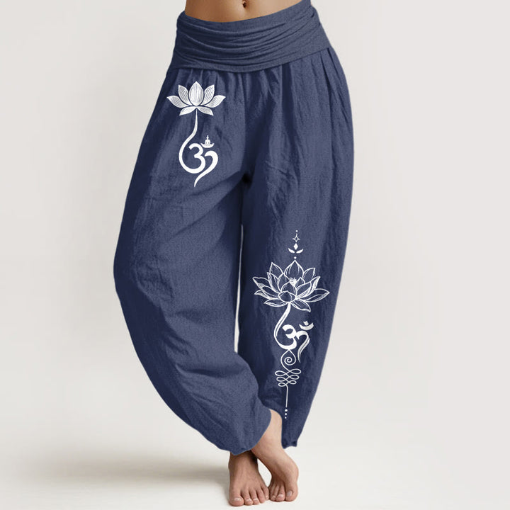 Buddha Stones Bawełniane spodnie haremki damskie z elastycznym pasem i wzorem kwiatu lotosu - DarkSlateBlue - US16, UK/AU20, EU48 (3XL) - image 8