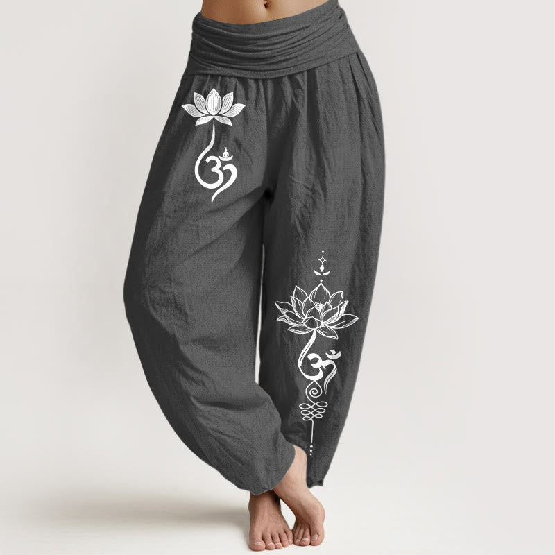 Buddha Stones Bawełniane spodnie haremki damskie z elastycznym pasem i wzorem kwiatu lotosu - DimGray - US16, UK/AU20, EU48 (3XL) - image 0